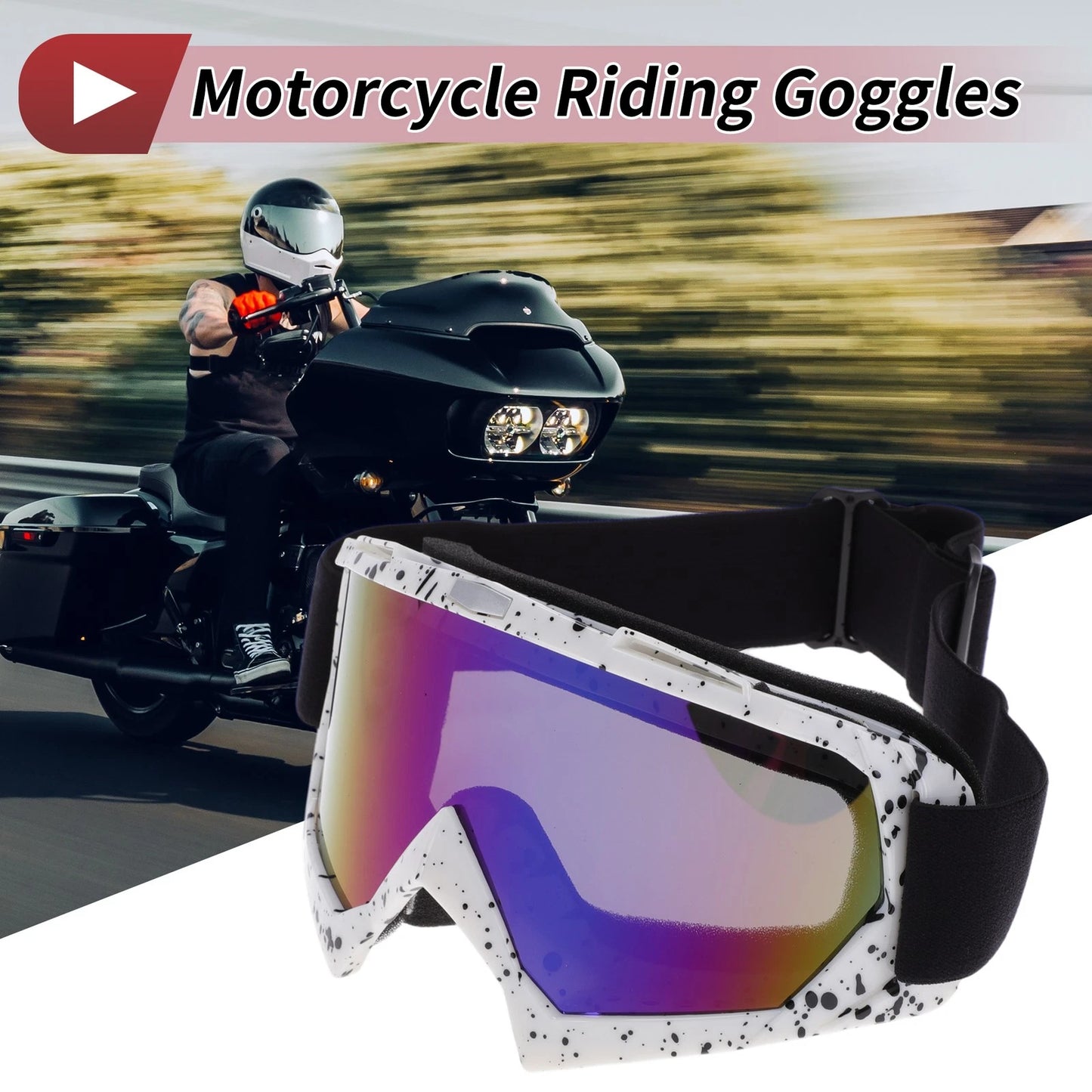 Motorcycle Riding Goggles Blue Lens Black White Frame PC TPU Cycling Sunglasses
