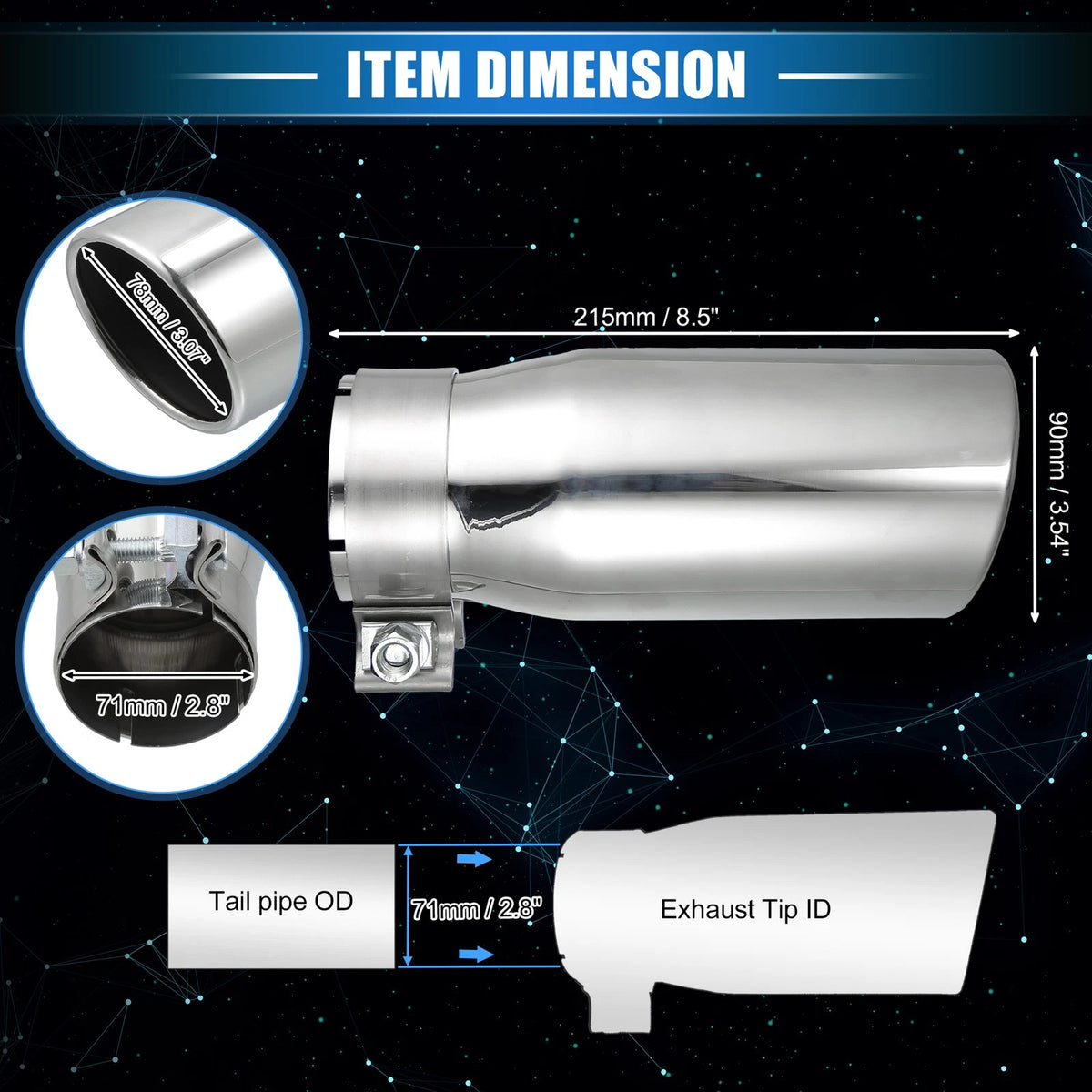 2.8" Inlet 8.5" Length Exhaust Tip for Toyota Tacoma (2005-Present)