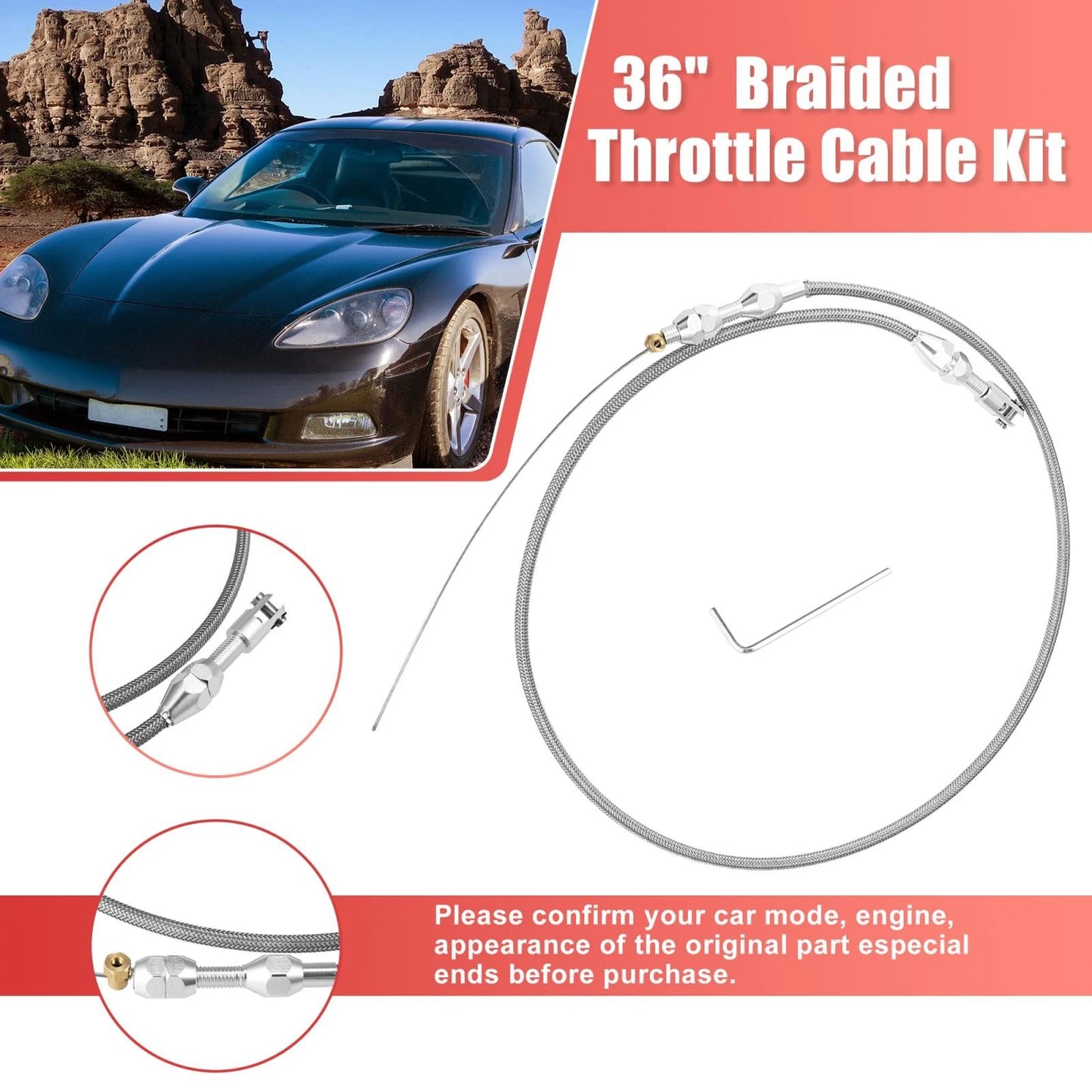 36" Braided Throttle Cable Kit for Chevrolet LS Swap (1997-2007)