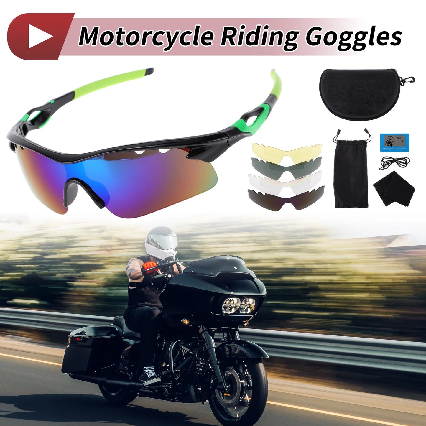 1 x Motorcycle Riding Goggles Green Lens Black Frame PC Cycling Sunglasses
