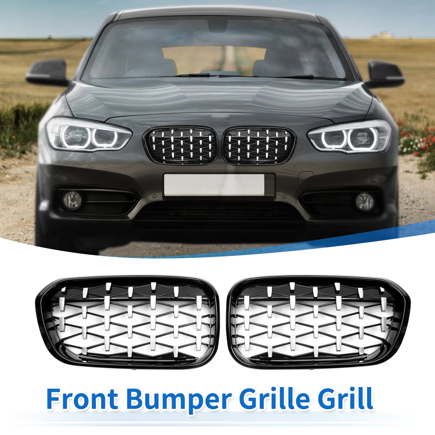 Front Upper Bumper Grille for BMW 1 Series (2012-2019) - Chrome Silver Tone