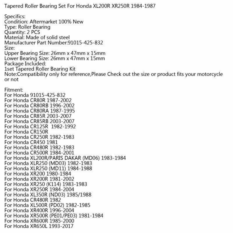Tapered Roller Bearing Kit for Honda CR250R, XR250, CR480R, XL600R (1982-1983)