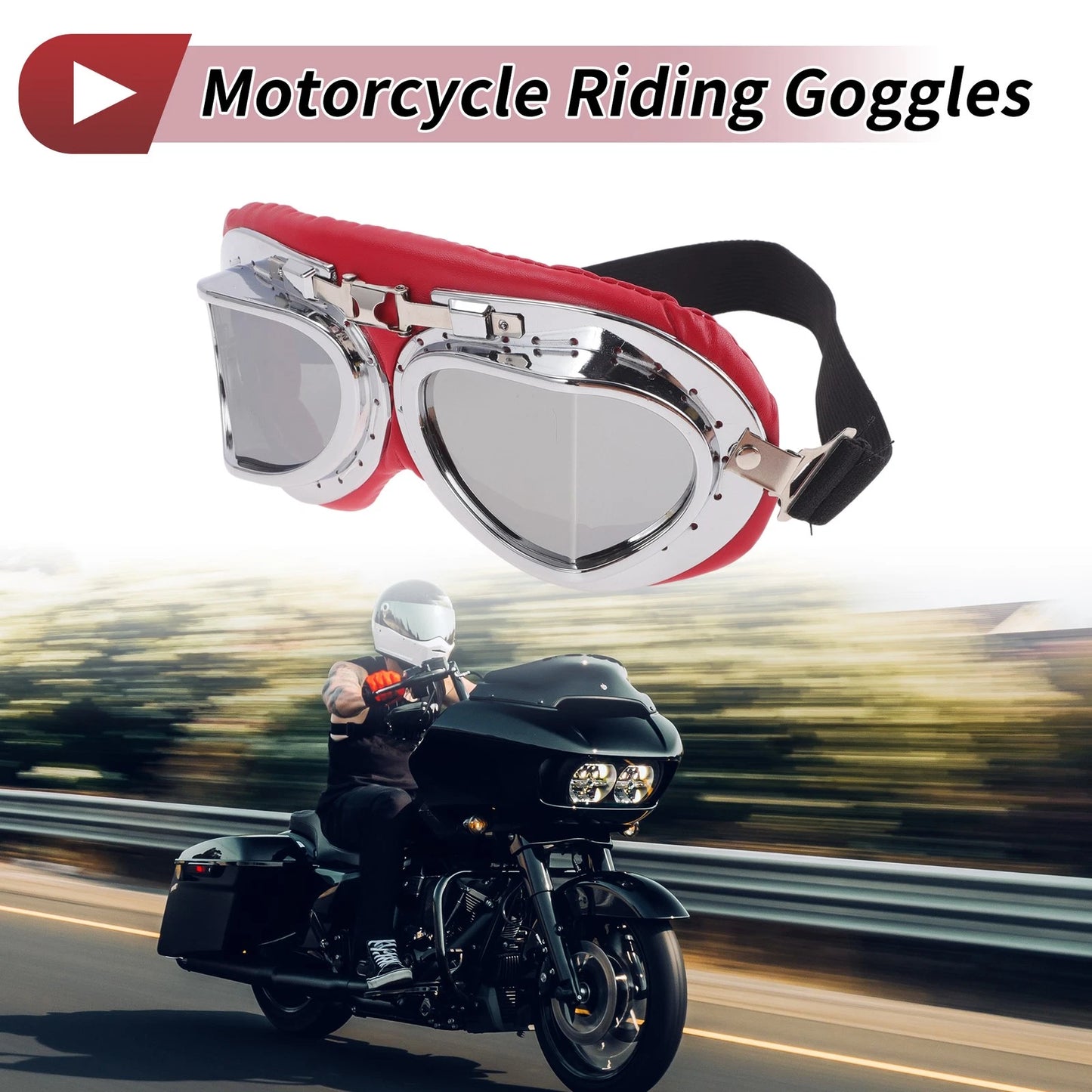 Motorcycle Riding Goggles Silver Tone Lens Red Silver Tone Frame PC PU Sponge