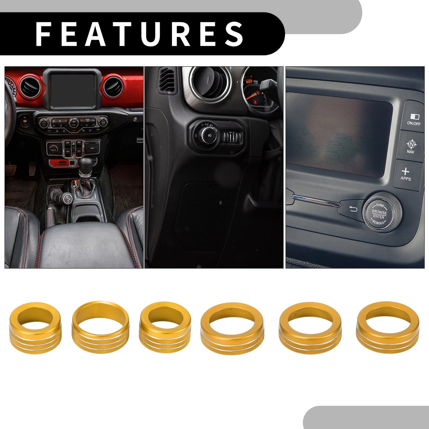 AC Headlight Media Switch Knob Covers for Jeep Wrangler (2018-2023) - 6 Pcs