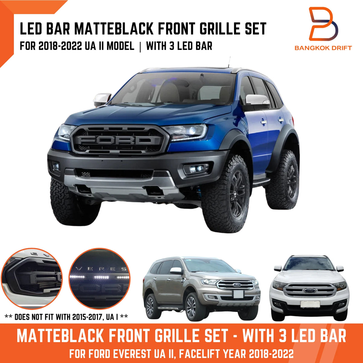 Matte Black Front Grille for Ford Everest SUV Raptor Style + LED Bar (18-22)