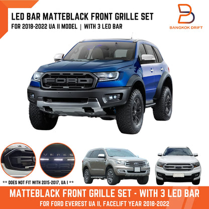 Matte Black Front Grille for Ford Everest SUV Raptor Style + LED Bar (18-22)