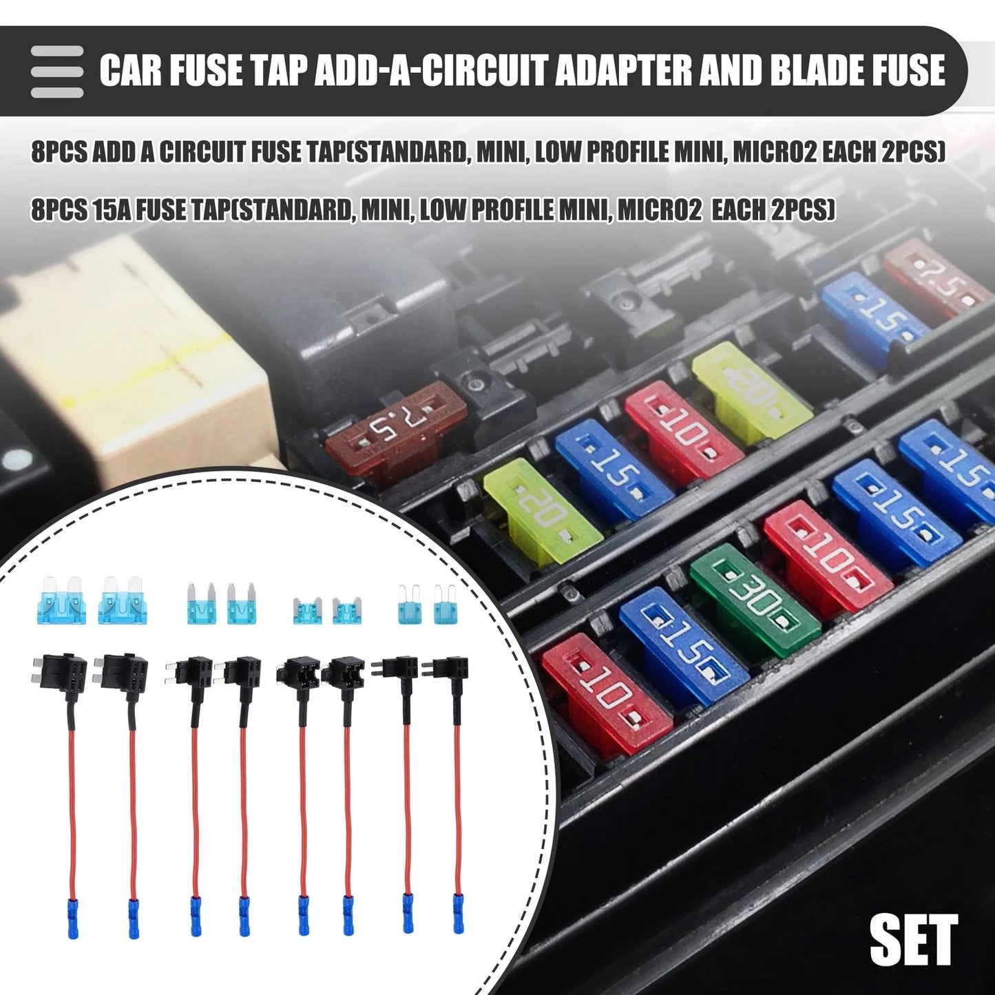Circuit Fuse Tap Set 15A Standard Mini for Car