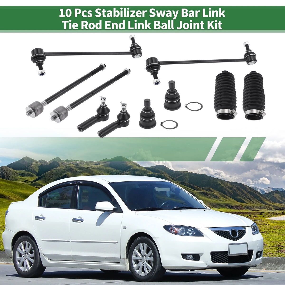 10 x Front Suspension Kit Tie Rod Ends Sway Bar Links for Mazda