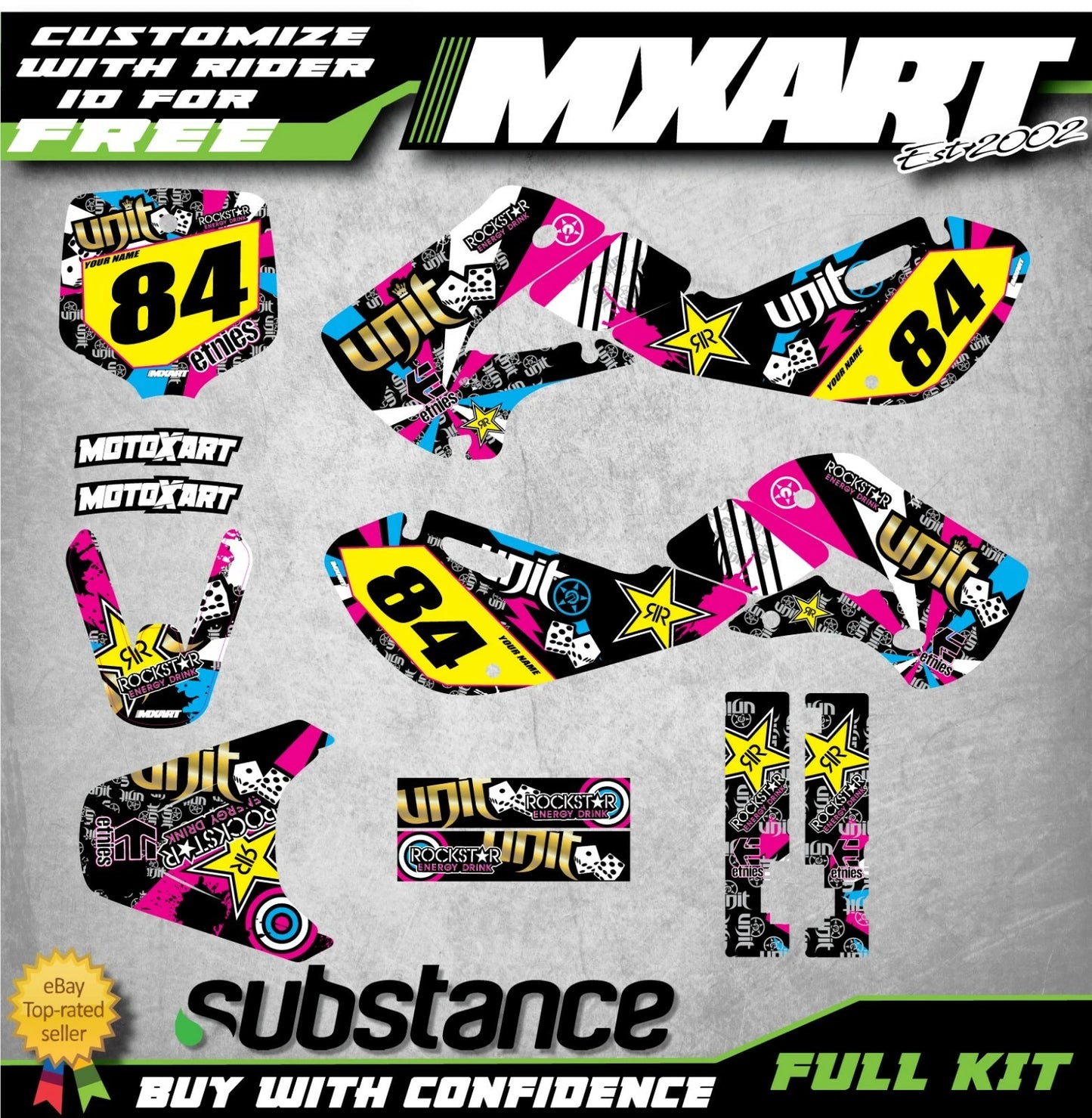 Custom Decal Kit RUSH Style for Kawasaki KLX 110 (2000-2009)