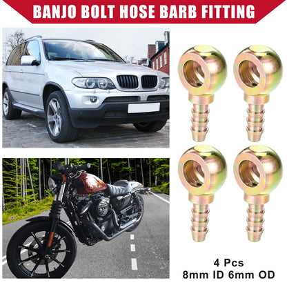 4 Pcs Banjo Bolt Hose Barb Fitting 8mm ID 6mm OD for Car Motorcycle