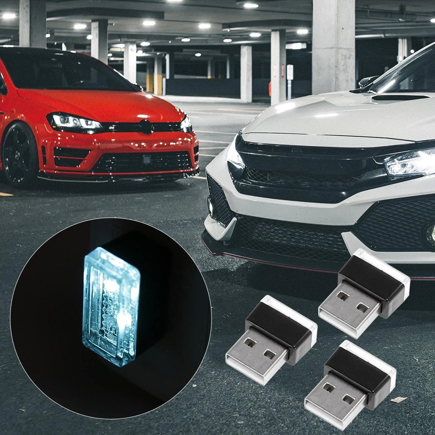 3 x Mini USB LED Lights for Universal Car Interior Atmosphere - Ice Blue