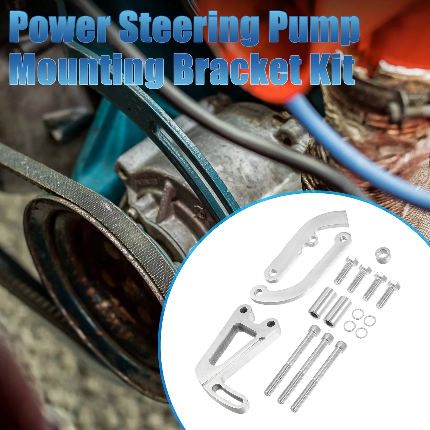 Power Steering Pump Bracket Adjustable Kit for Chevy Silver Tone
