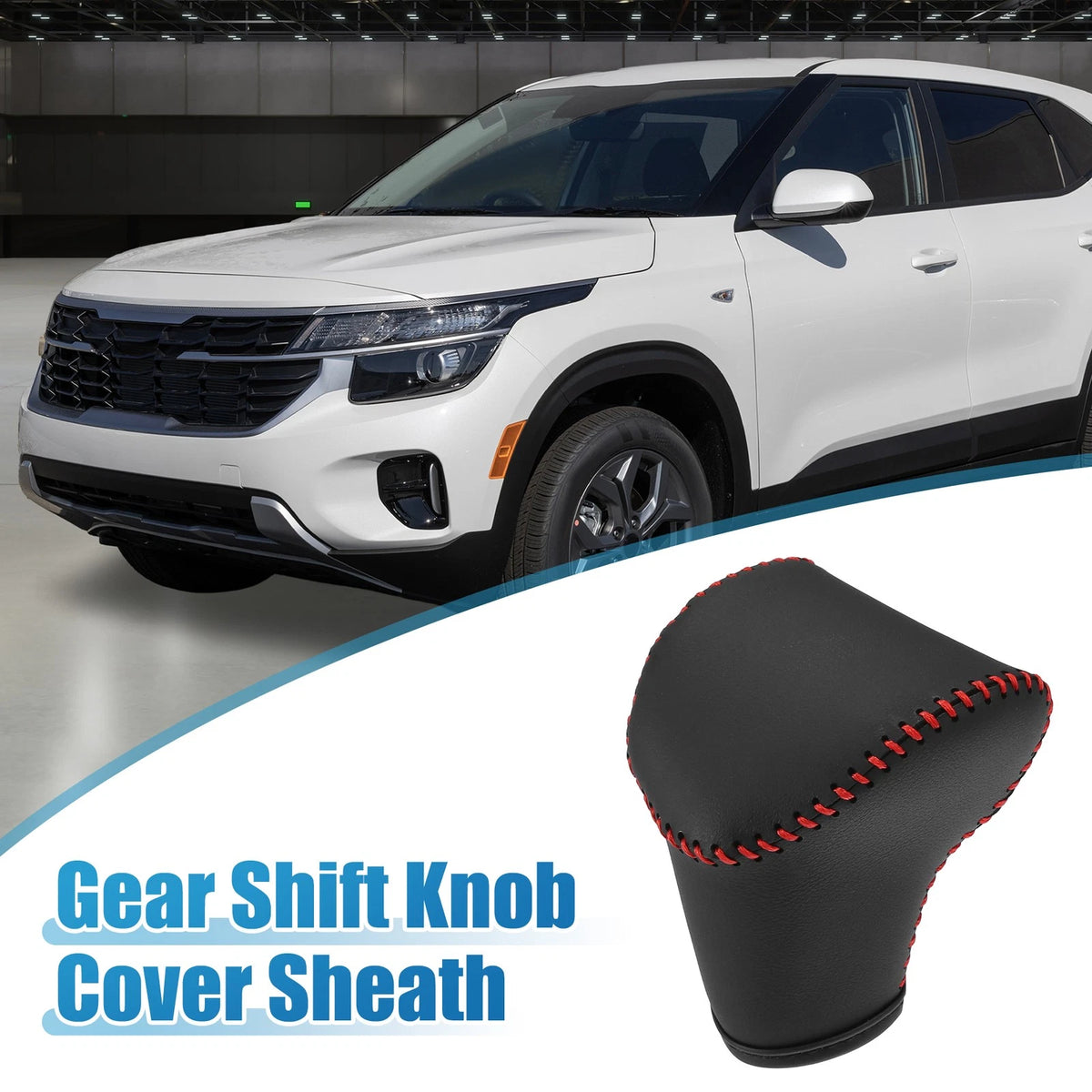 Gear Shift Knob Cover for Kia Seltos (2021-2023) Black Red Stitches