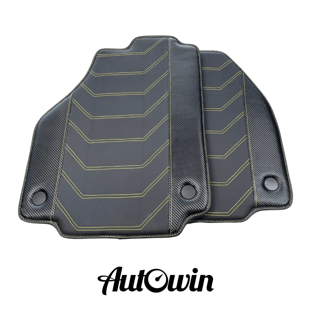 Black Leather Car Mats for Ferrari 458 Spider | AutoWin | Yellow Stitching