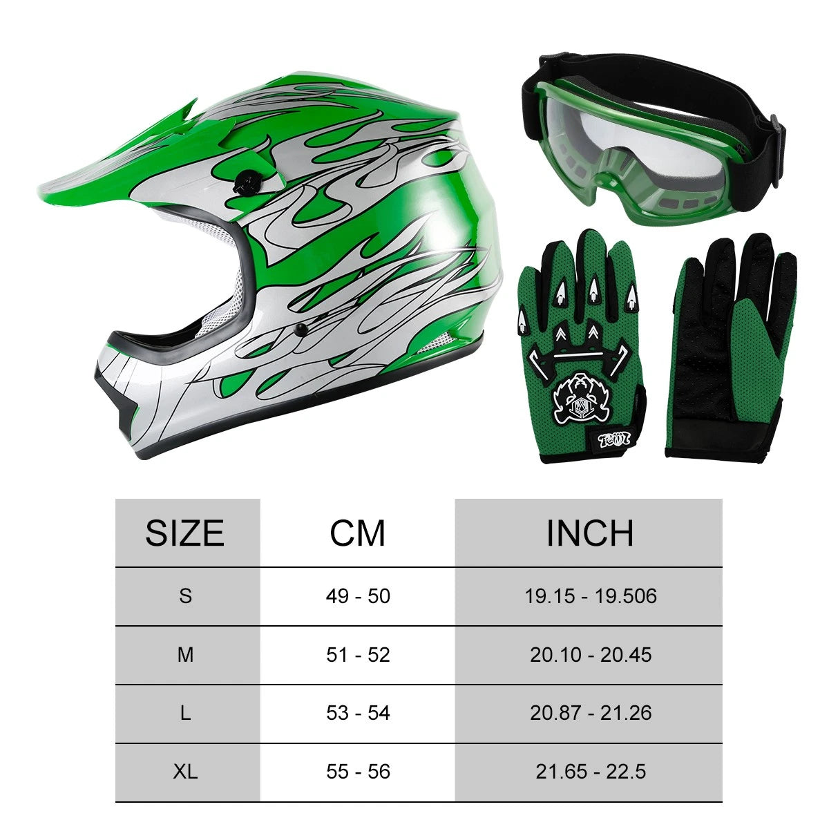 Green Flame Dirt Bike ATV Motocross Helmet + Goggles Gloves (Youth)