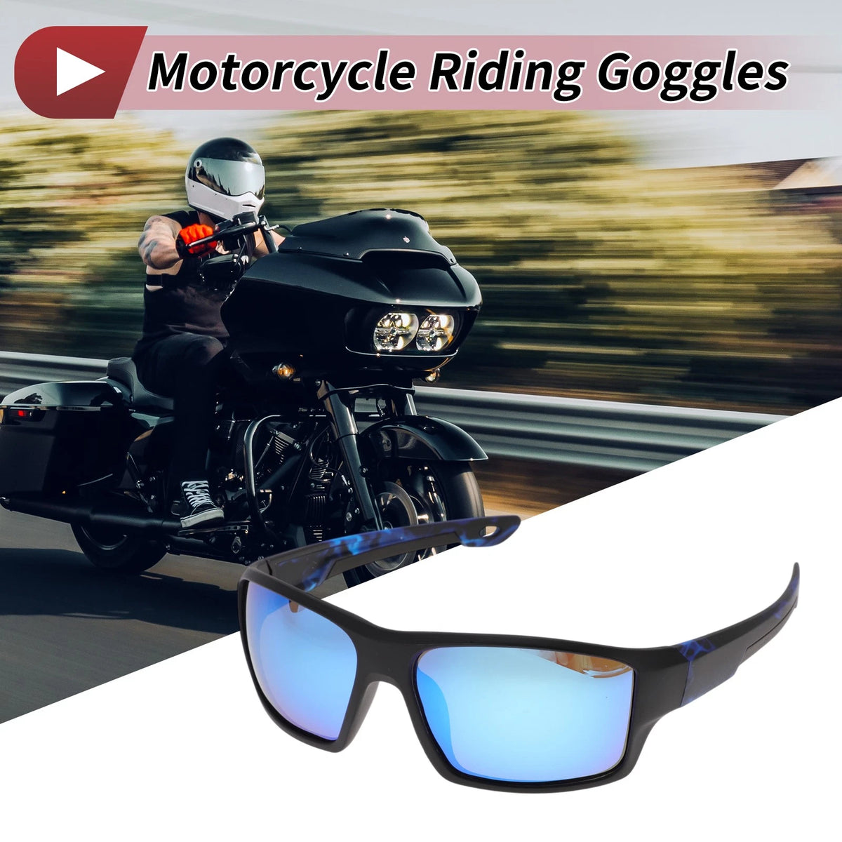 Motorcycle Riding Goggles Blue Lens Black Frame Glasses for Men and Women