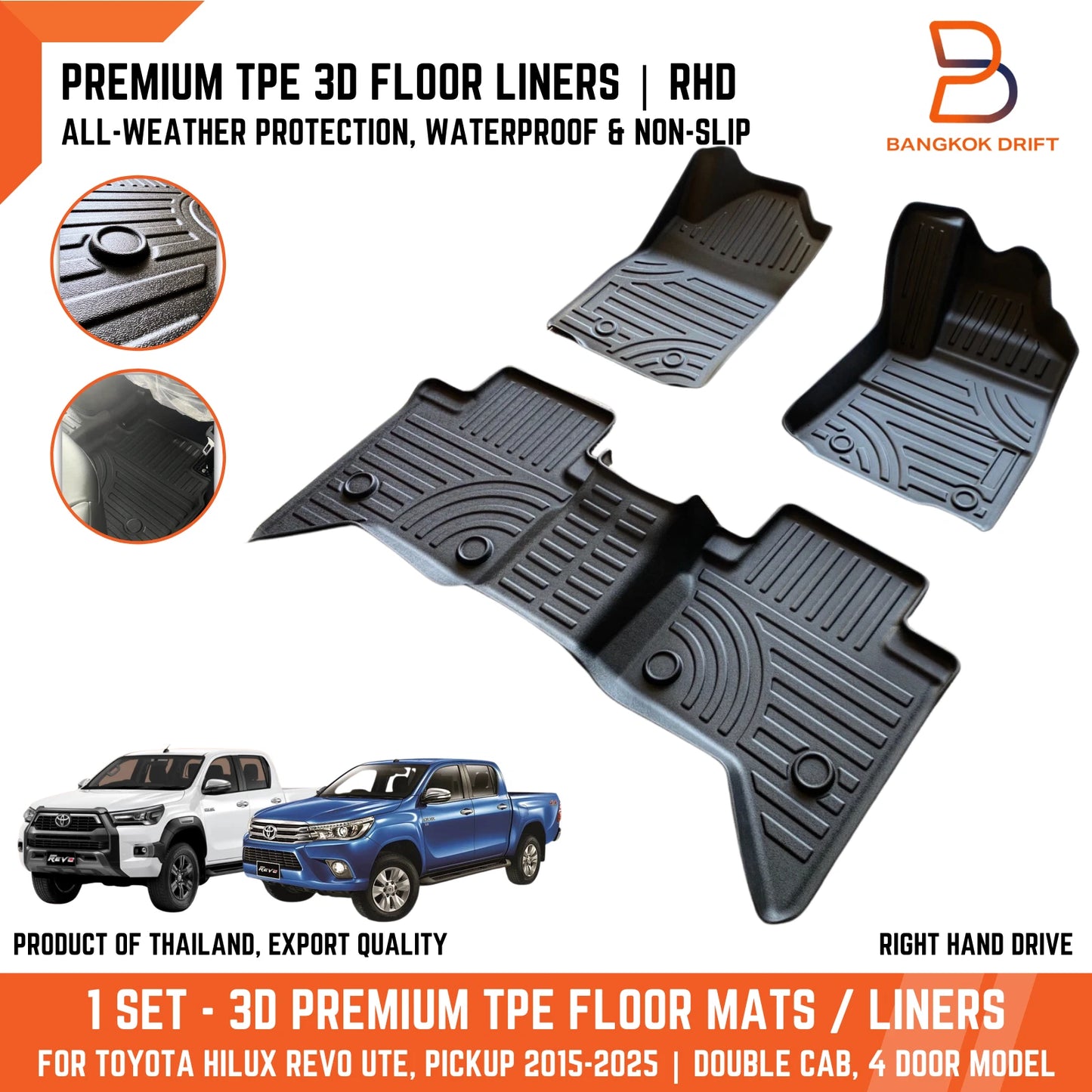 Premium 3D TPE All Weather Floor Mats for Toyota Hilux Ute Revo (15-25)