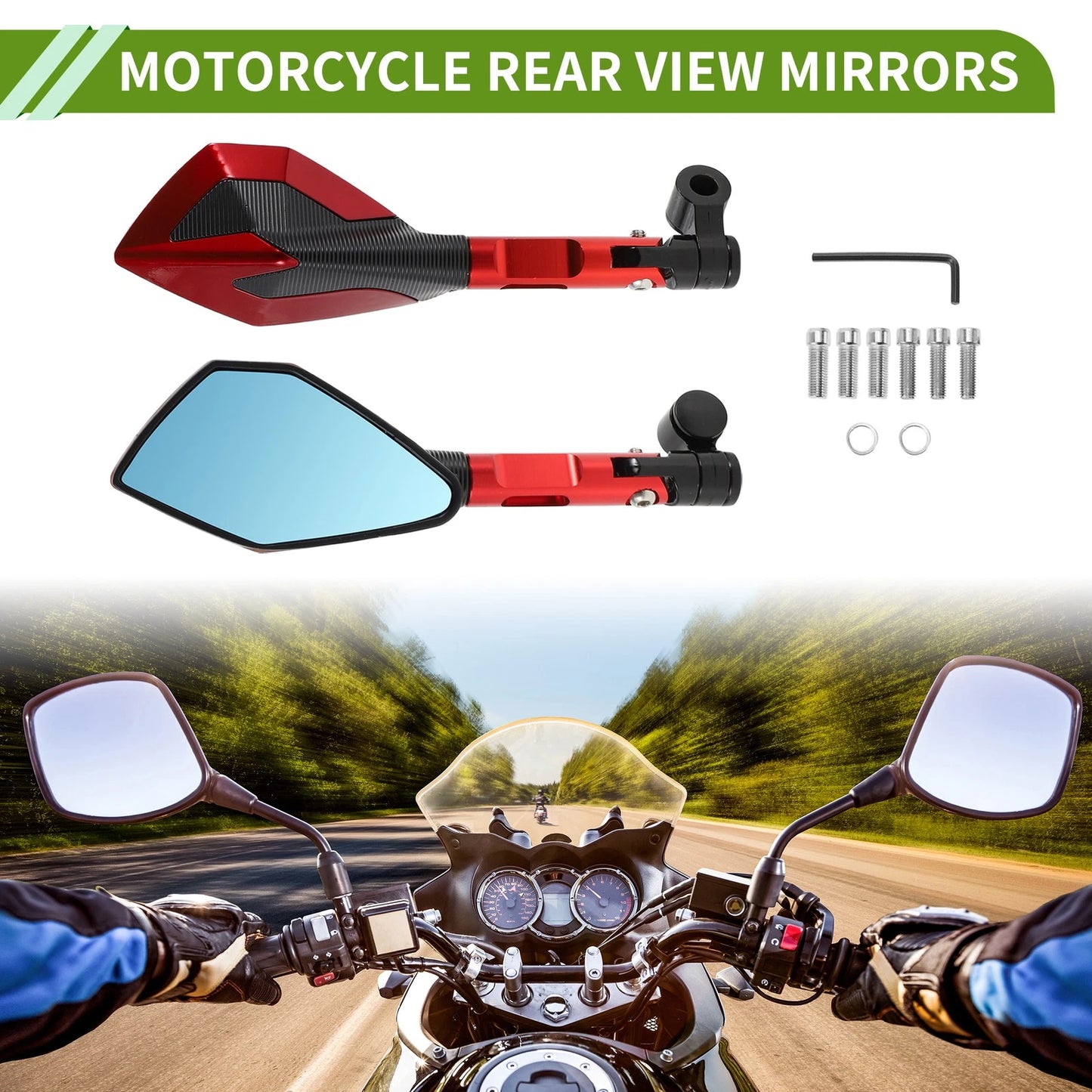 M8/M10 Motorcycle Rear View Mirrors Polygonal Shape Red Aluminum Alloy 1 Set