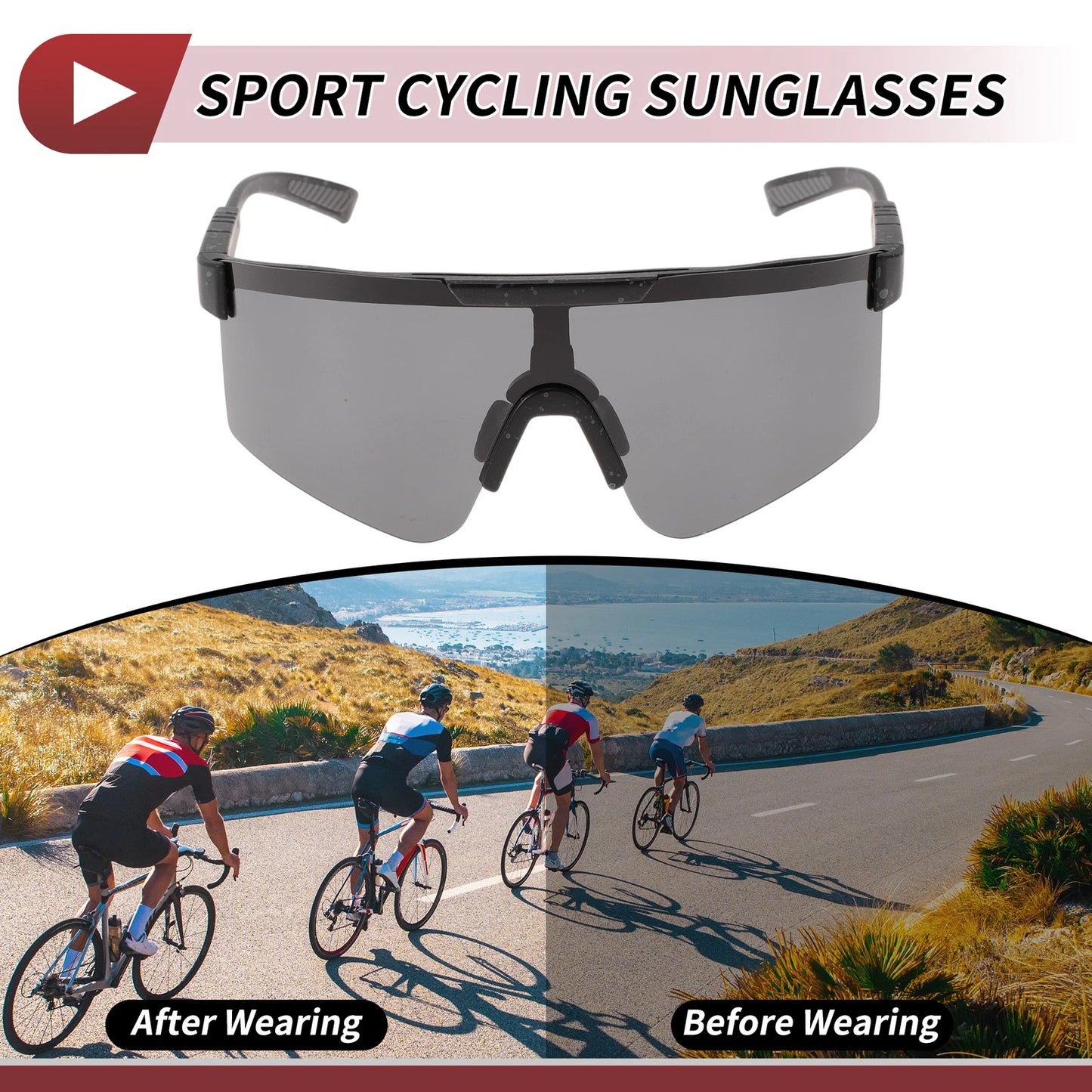 Goggles / Deep Gray Lens / Black Frame for Motorcycle Cycling Sunglasses