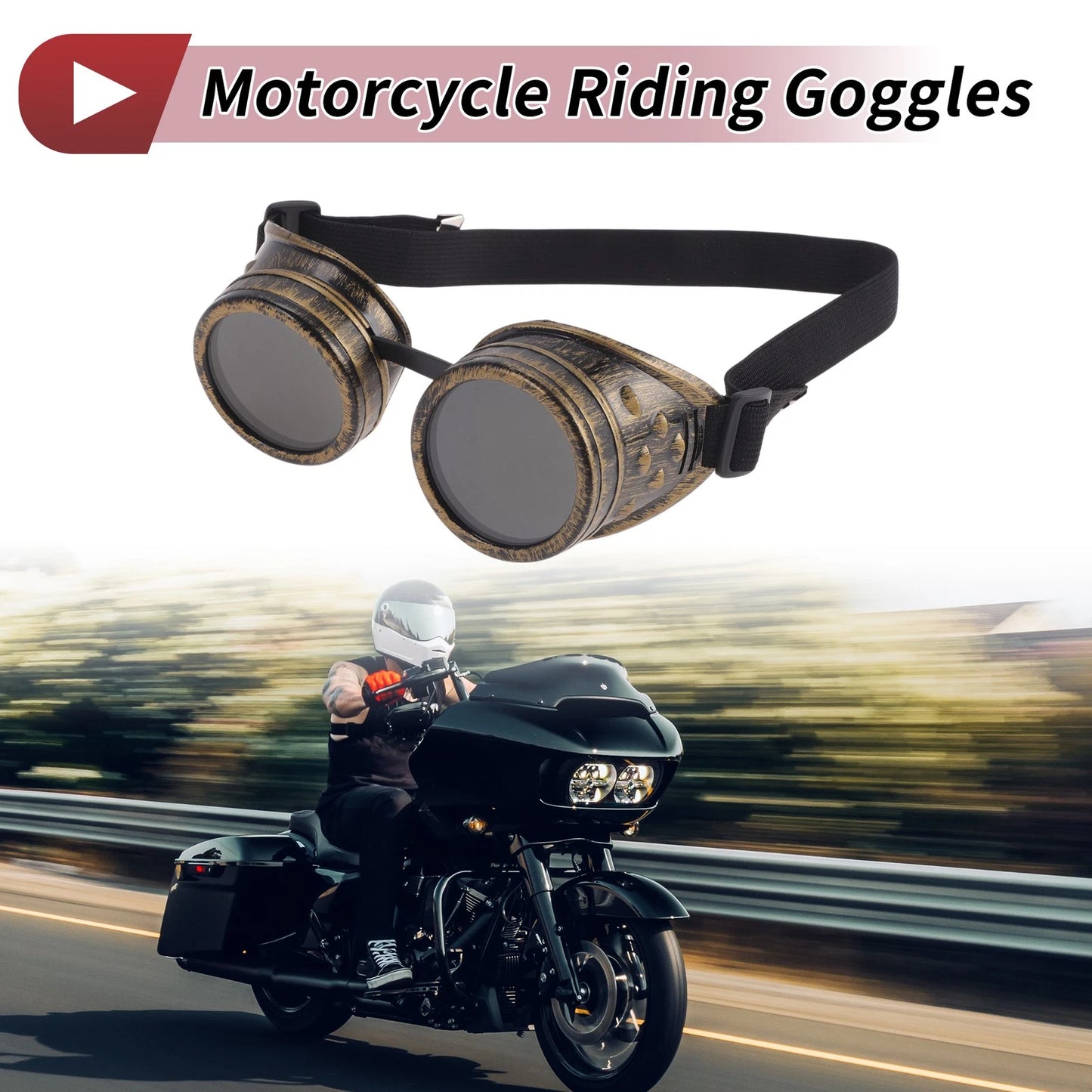 1 x Riding Goggles Black Lens Bronze Tone Frame Glass ABS for Motorcycle