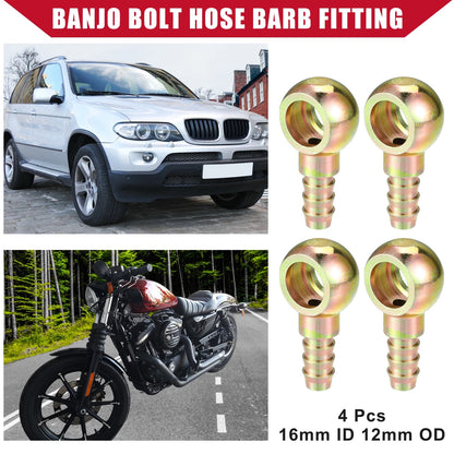 4 x Banjo Bolt Hose Barb Fitting 16mm ID 12mm OD for Car Motorcycle Metal