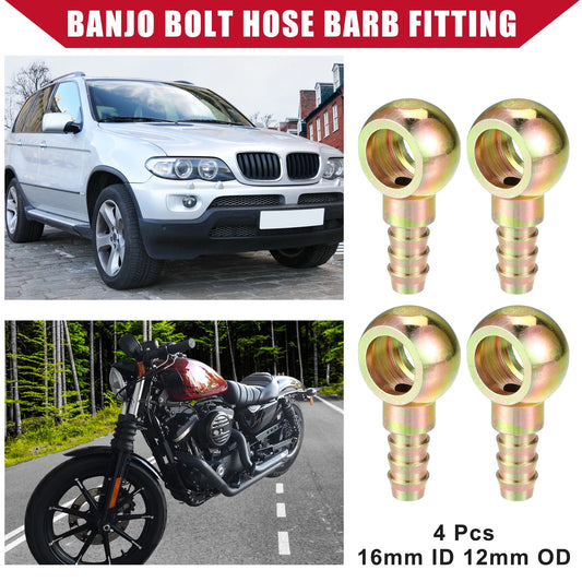 4 x Banjo Bolt Hose Barb Fitting 16mm ID 12mm OD for Car Motorcycle Metal