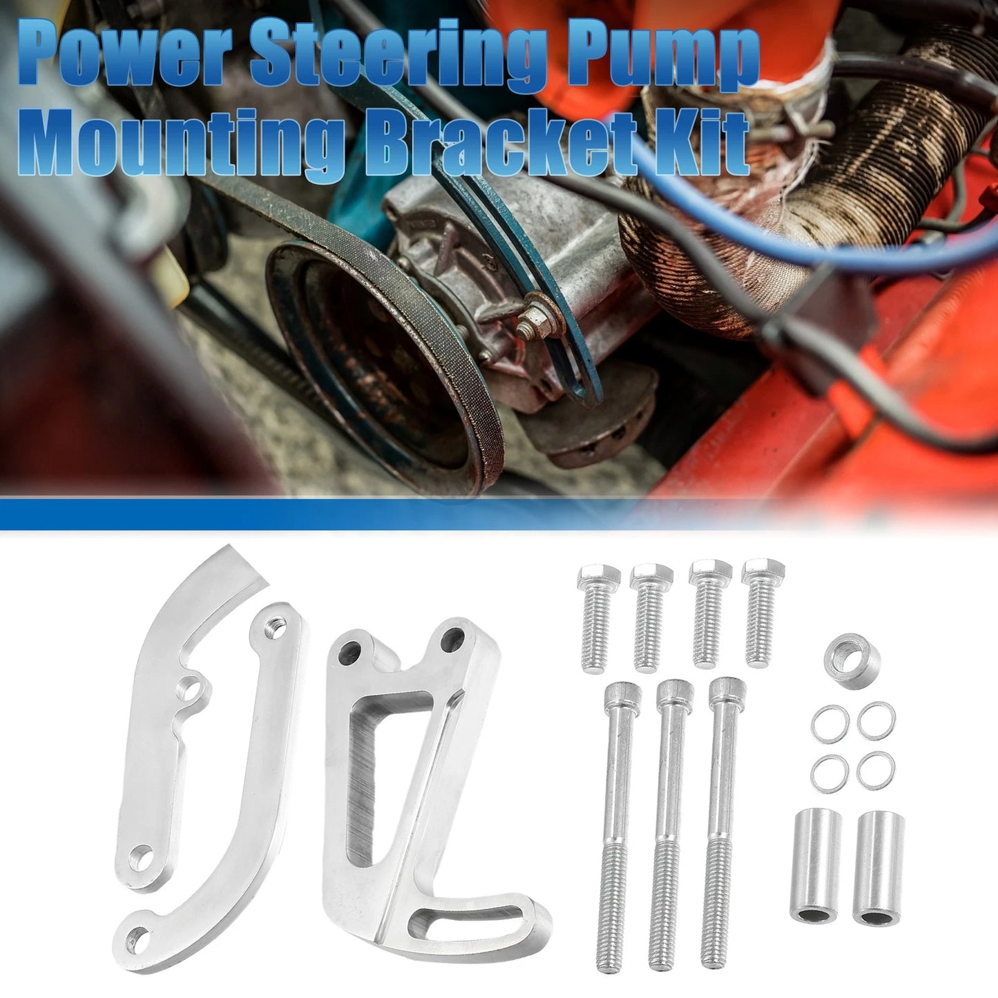 Power Steering Pump Bracket Adjustable Kit for Chevy Silver Tone