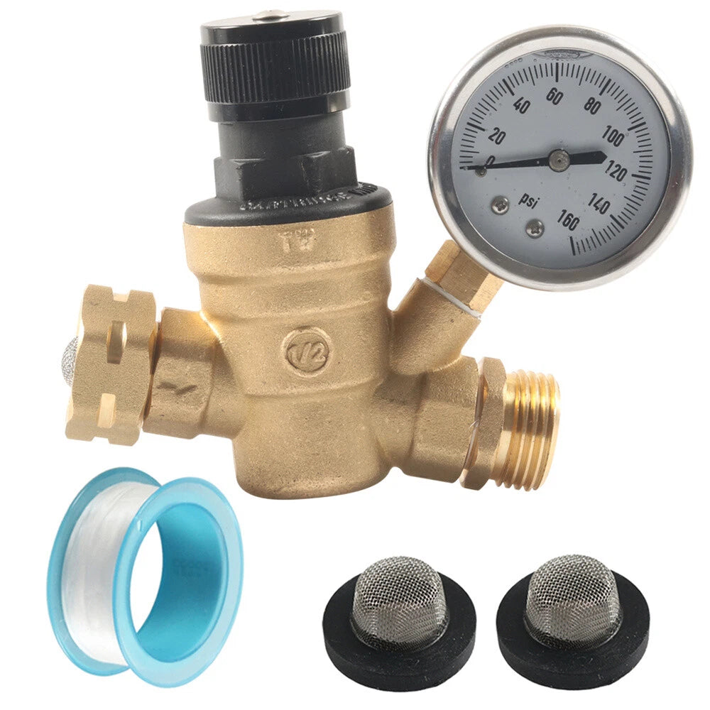 Adjustable RV Water Pressure Regulator Valve w/ Gauge for Camper