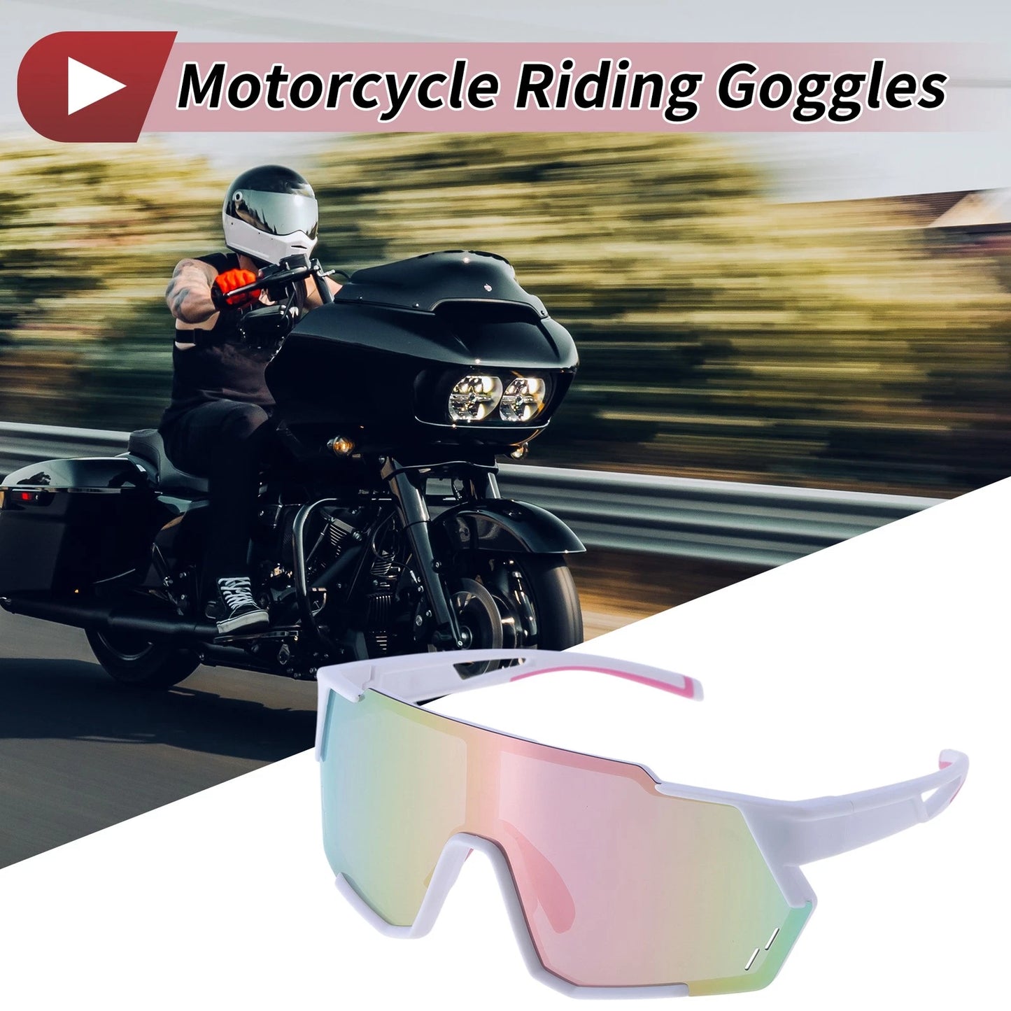 Motorcycle Riding Goggles Pink Lens White Frame PC Cycling Sunglasses