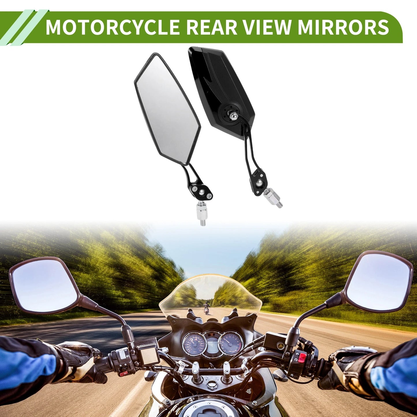 M8/M10 Rear View Mirror Polygonal Shape Black Aluminum for Motorcycle