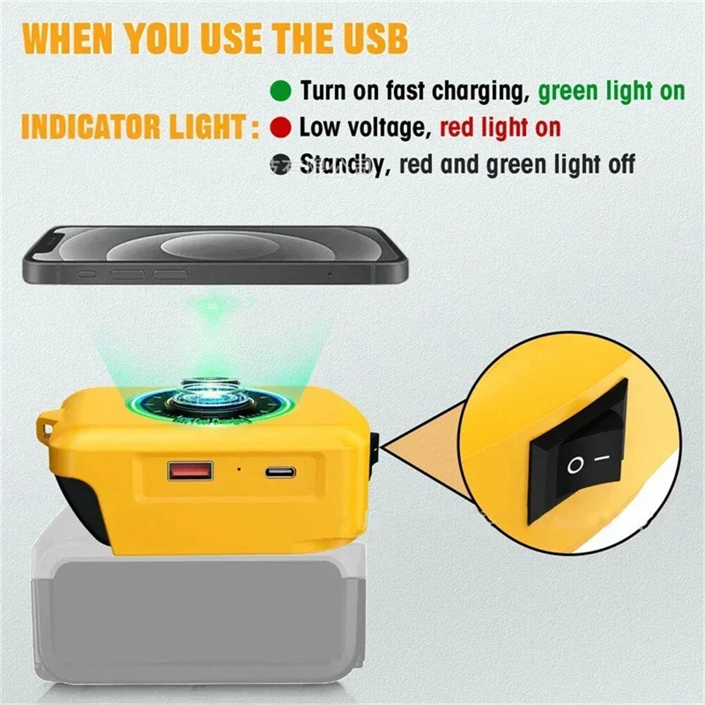 Wireless Charger Adapter Type-C & USB Ports for Dewalt 18V-20V Battery