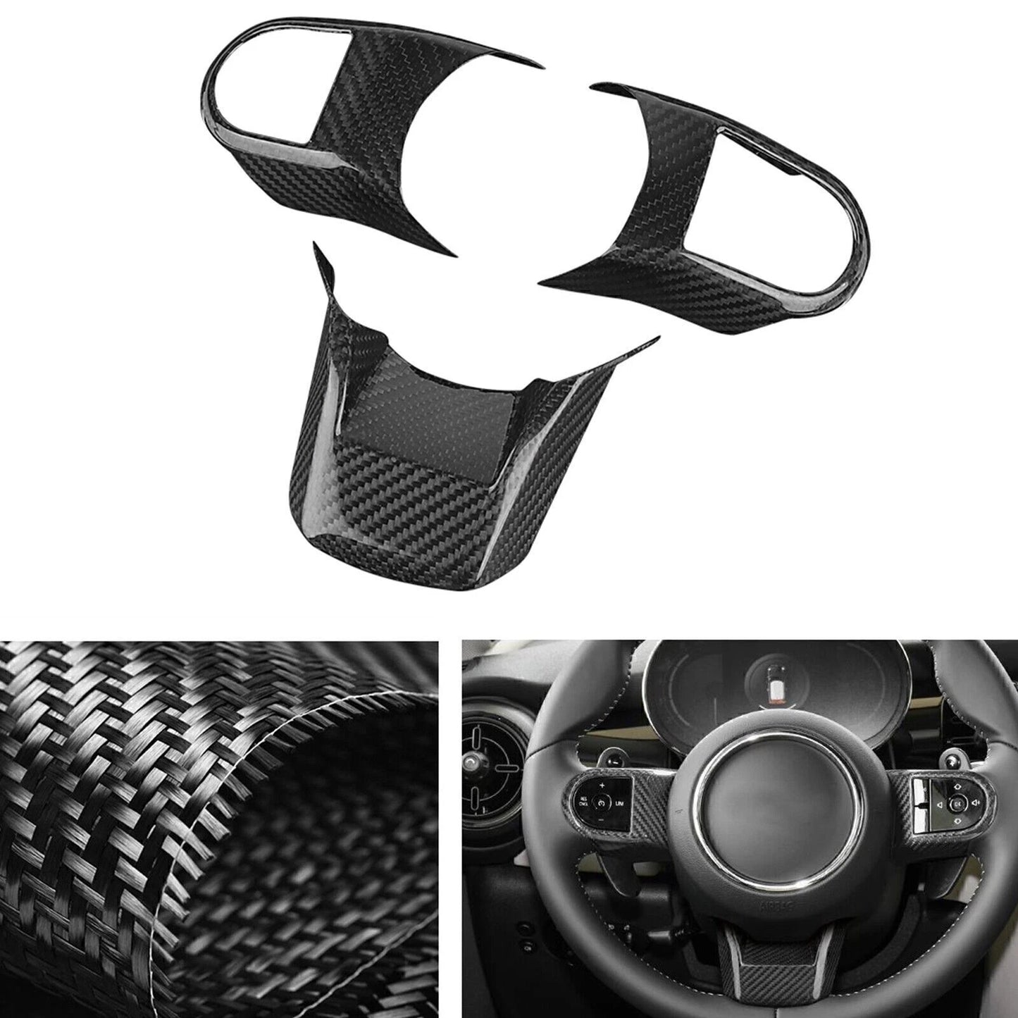 3 x Black Carbon Fiber Steering Wheel Covers for Mini Cooper F55/56/57 (2021-2023)