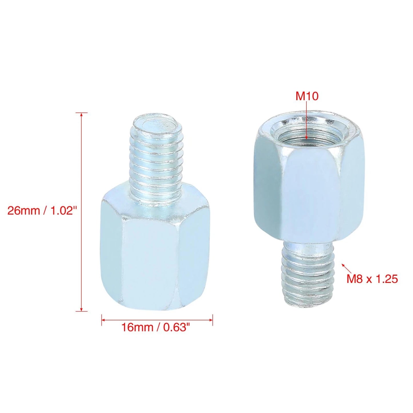 2 x 10mm to 8mm Reverse Rearview Mirror Adapter Bolt Screw for Motorcycle
