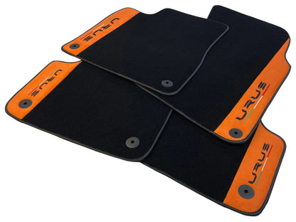 Black Floor Mats for Lamborghini Urus with Orange Alcantara Leather (2018-2024)