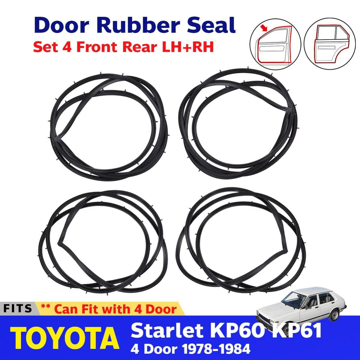 Set Front Rear Door Rubber Seal Fits Toyota Starlet KP60 KP62 4D 1978 -1984 D06