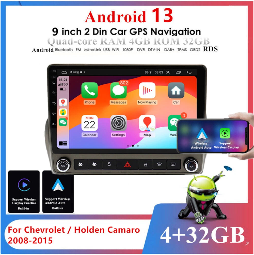 9" Stereo Radio GPS Head Unit for Chevy Camaro (2008-2015) OBD RDS Wireless Carplay