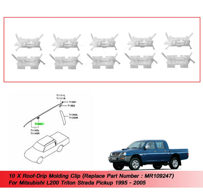 10 x Roof Drip Molding Clips for Mitsubishi L200 Triton (1995-1997)