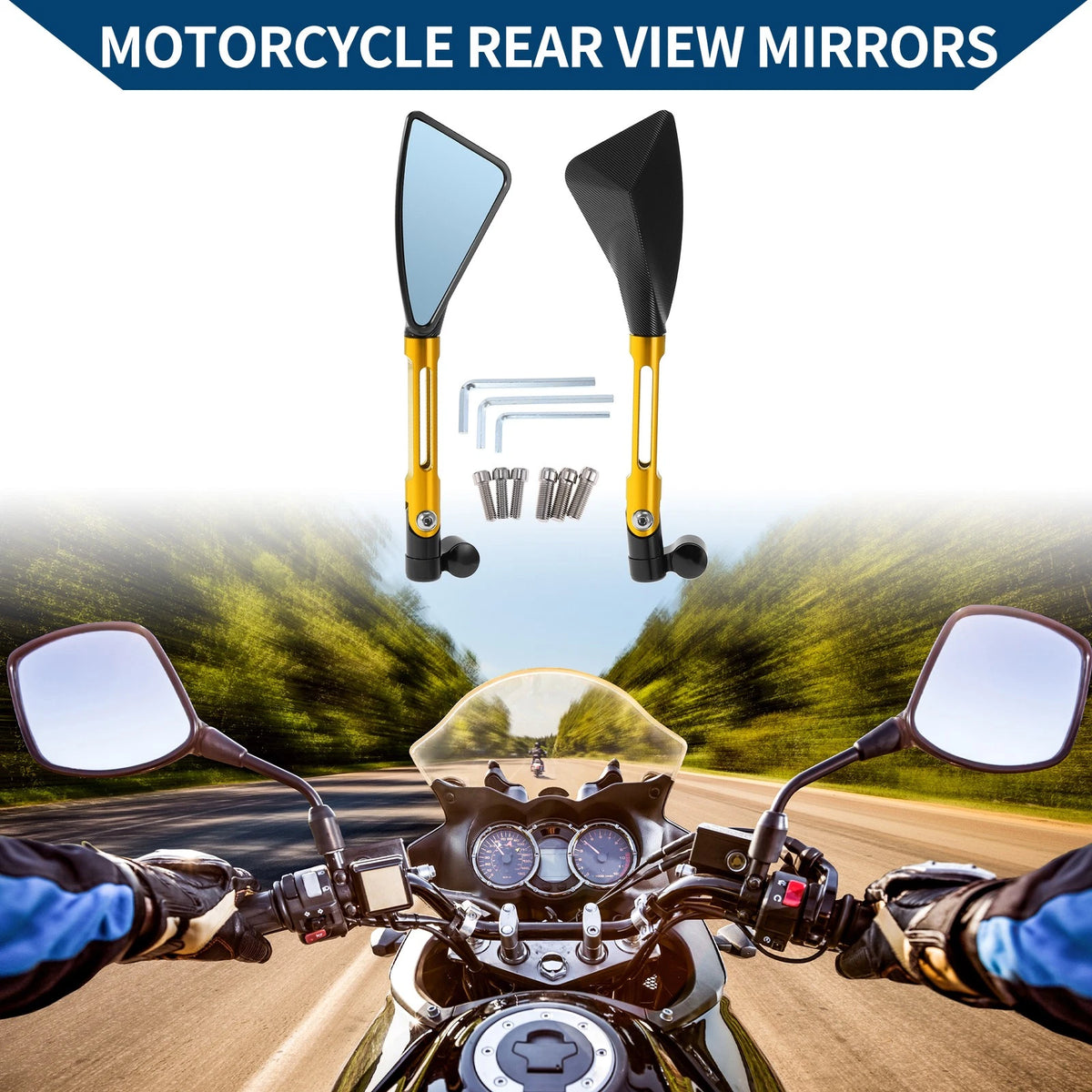 M8/M10 Rear View Mirror Triangle Shape Black Gold Tone Aluminum Alloy for Motorcycle