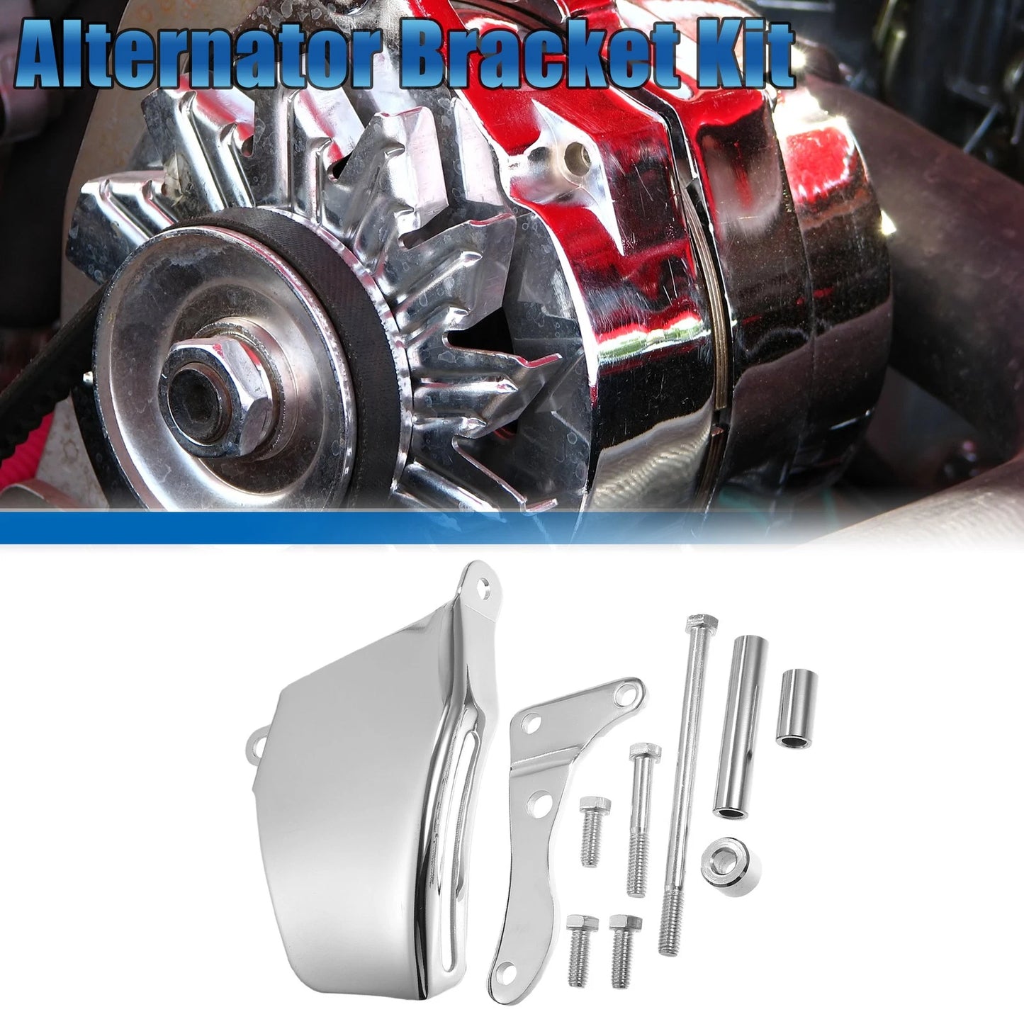 Polished Long Water Pump Alternator Bracket Kit for Chevy SBC 305