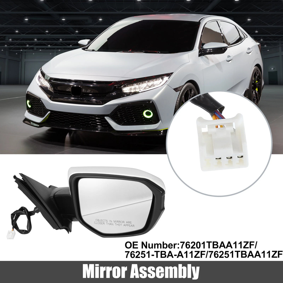 3 Pin Right Side Exterior Door Mirror Assembly White for Honda Civic (2016-2021)