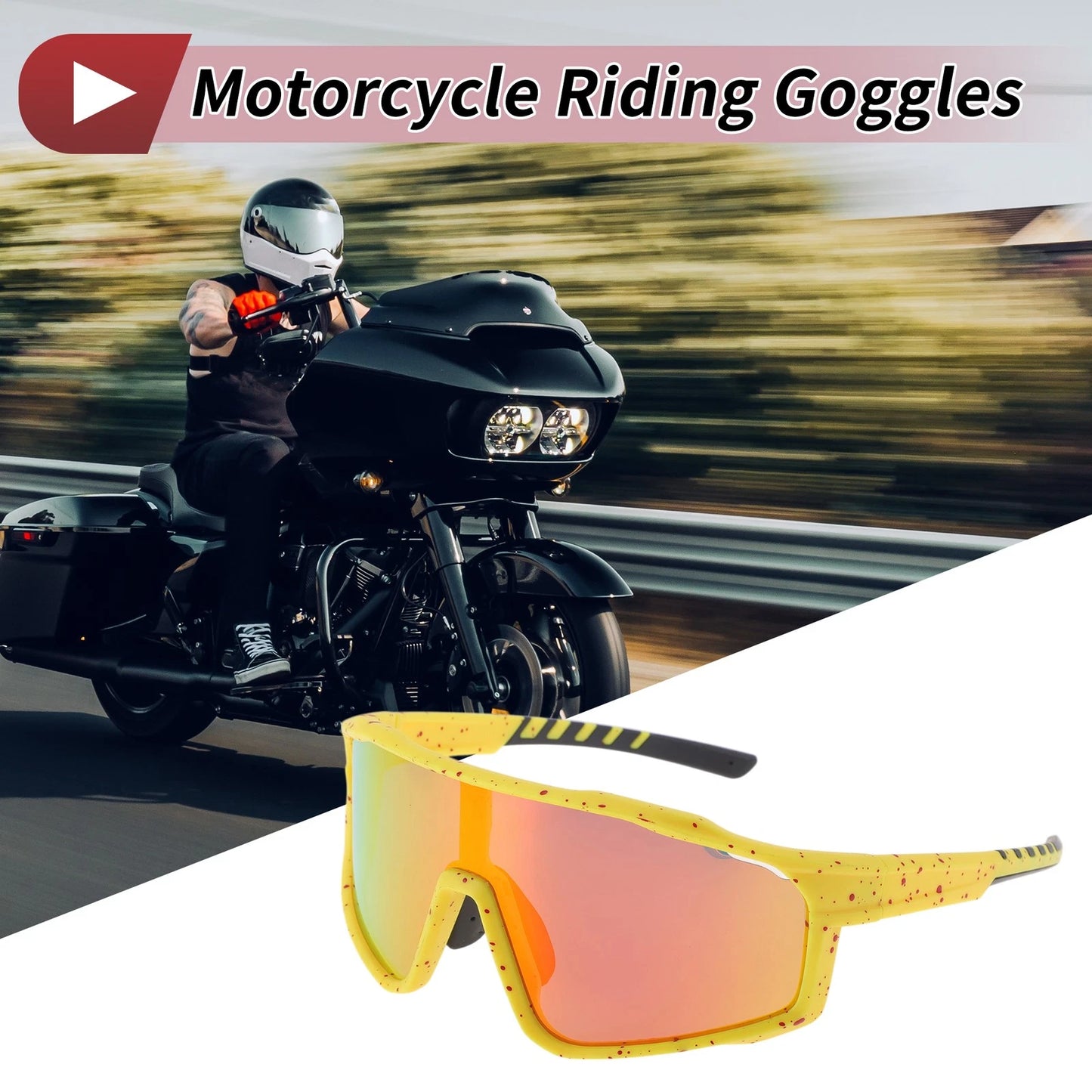 Motorcycle Riding Goggles Red Lens Yellow Frame UV400 Tri-Acetyl Cellulos