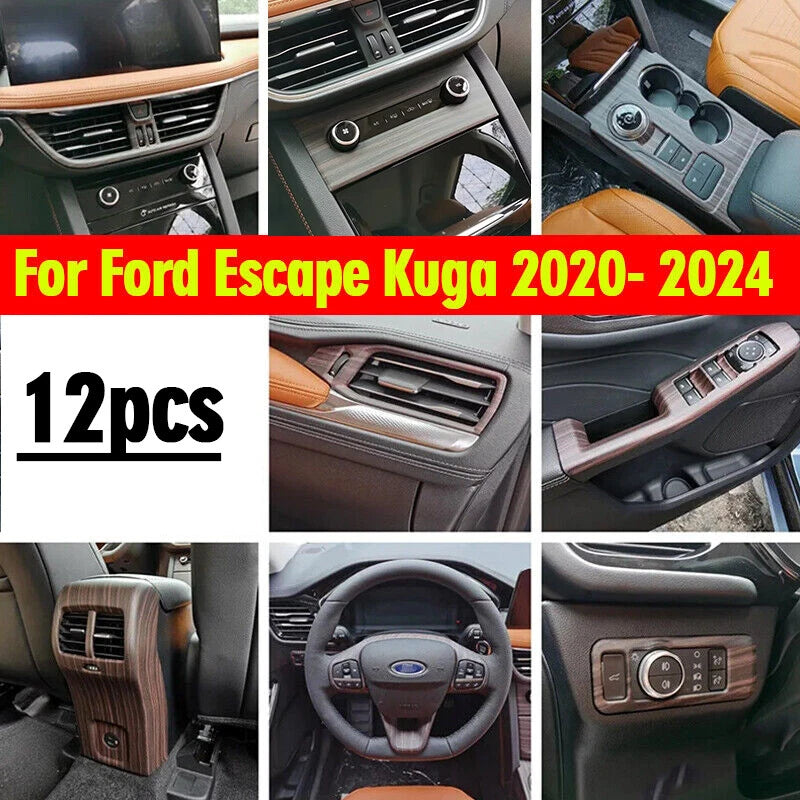 12x Wood Grain Interior Cover Trim for Ford Escape Kuga (2020–2024)