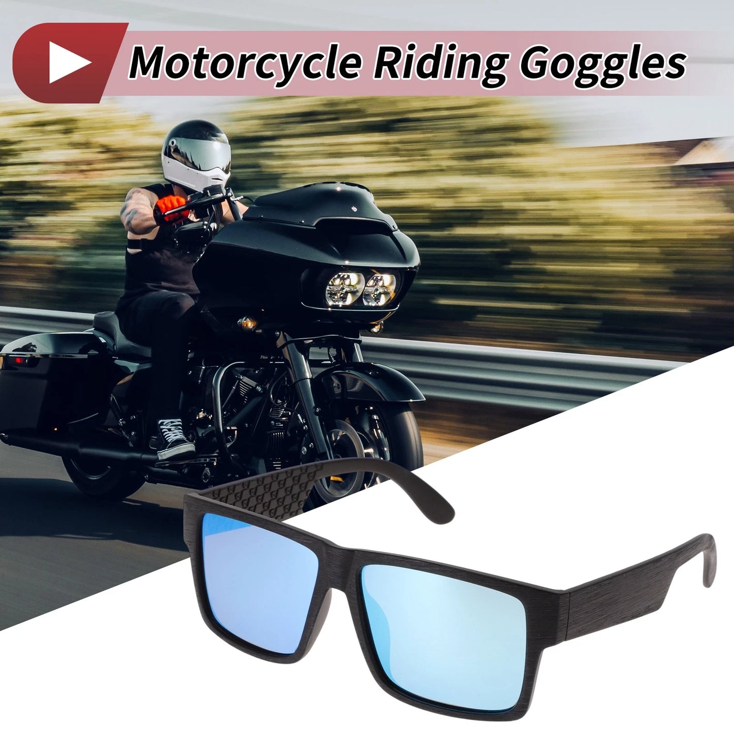 Motorcycle Riding Goggles Blue Lens Black Frame Tri-acetel Cellulose
