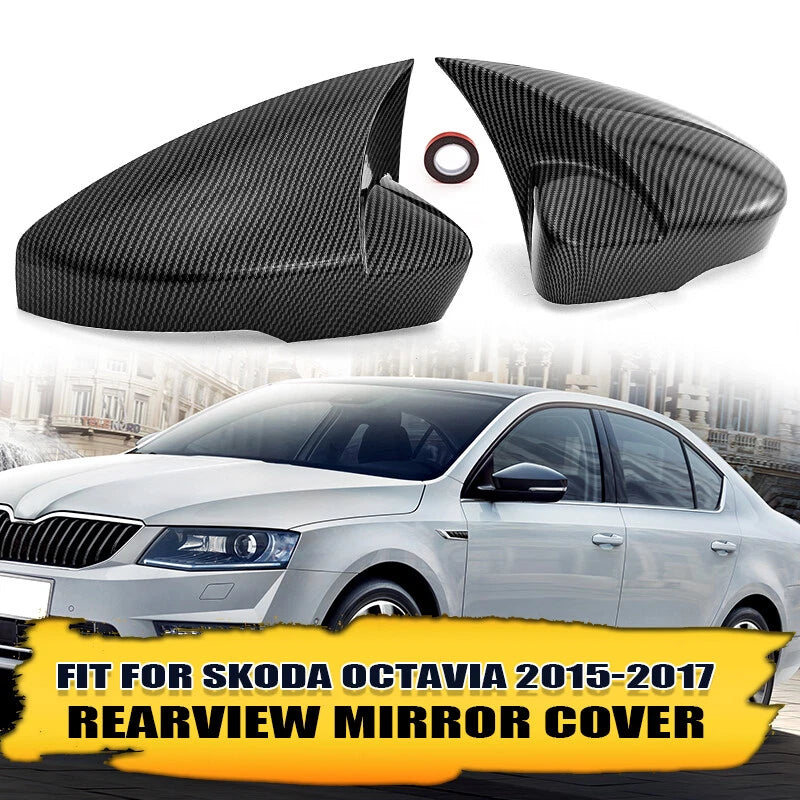 2 x Carbon Fiber Black Rearview Mirror Covers for Skoda Octavia (2015-2017)