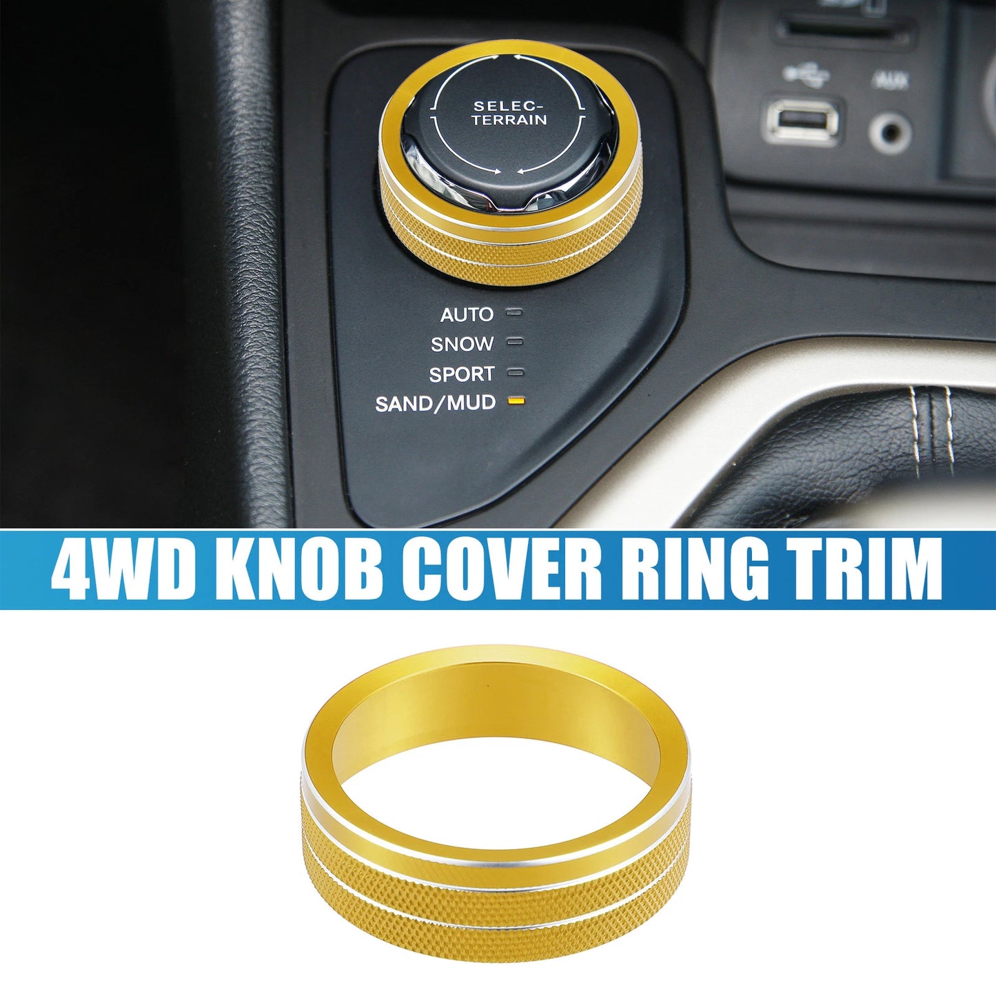 4WD Knob Cover Trim for Jeep Cherokee, Compass (2014-2021, 2017-2021) Gold Tone