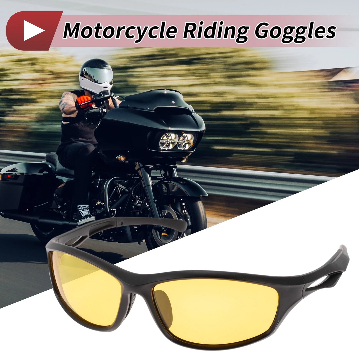 Motorcycle Riding Goggles Yellow Lens Black Frame Tri-acetel Cellulose PC
