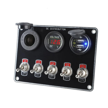 LED 5 Gang Rocker Ignition Switch Panel with Dual USB for Racing Car
