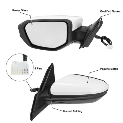 5 Pin Left Side Exterior Door Mirror Assembly White for Honda Civic (2016-2020)