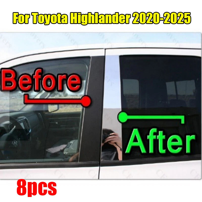 8pc Pillar Trim Door Cover Mirrored Post for Toyota Highlander (2020–2025)