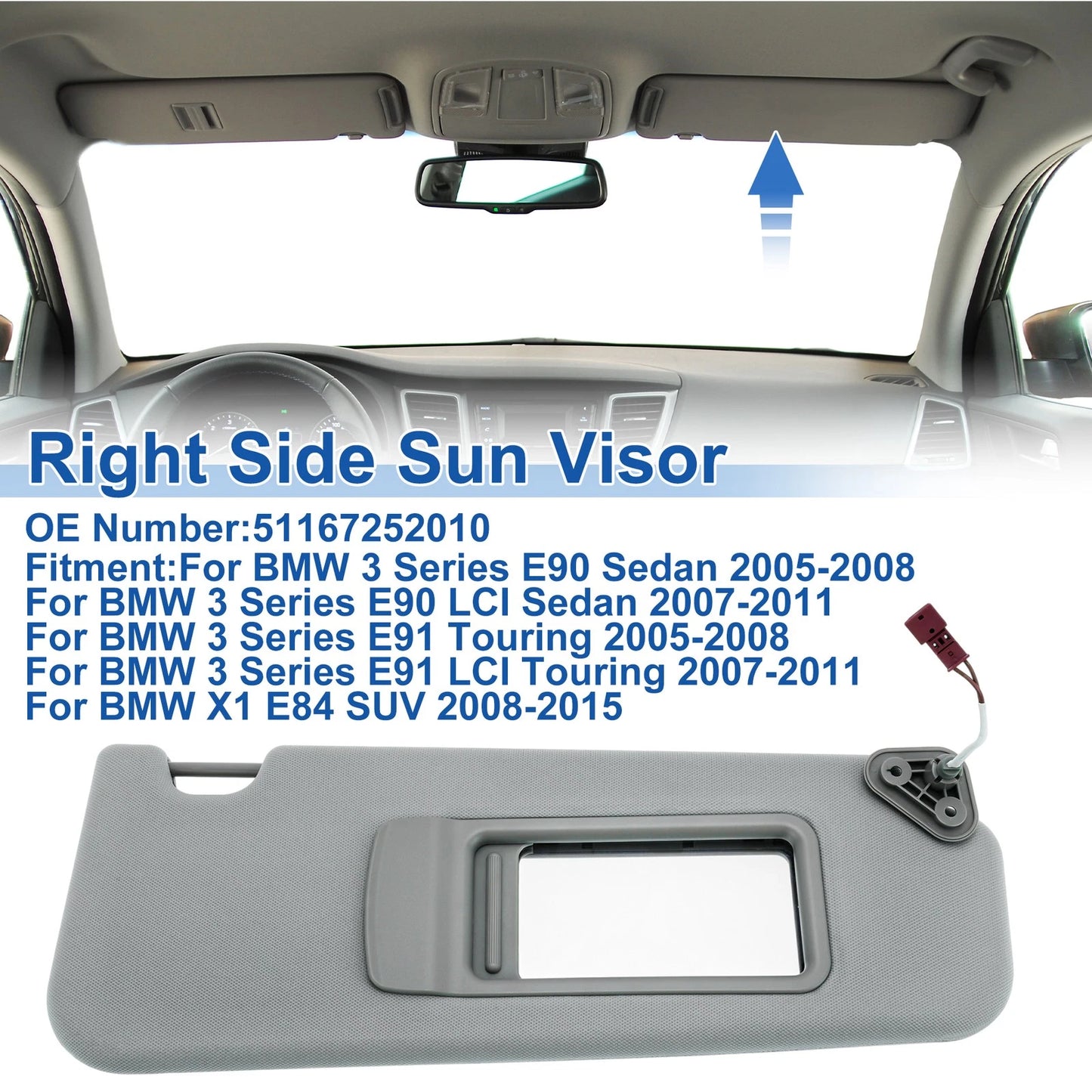 Right Side Sun Visor for BMW 3 Series E90 Sedan (2007-2013) Gray